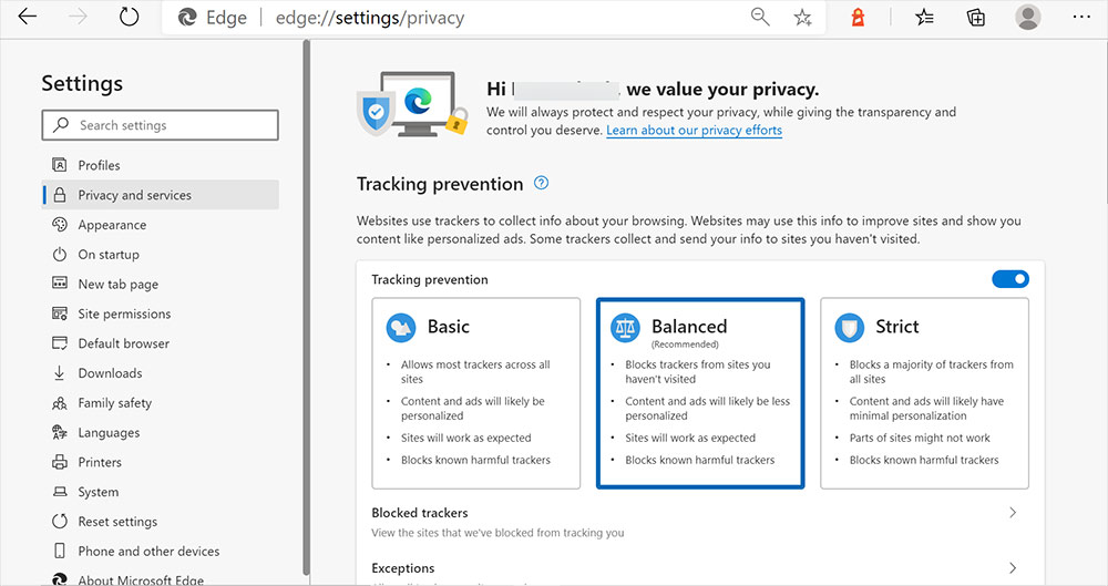 Set up Privacy in the Edge Browser