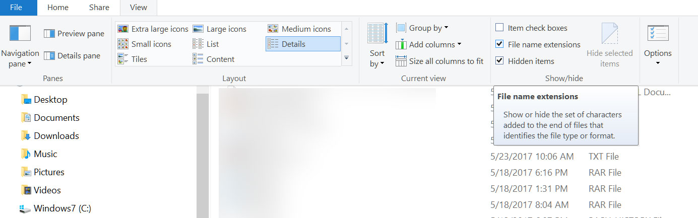 Reveal file name extensions
